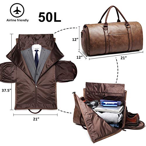 Carry on Garment Bags for Travel Leather Garment Duffle Bag Convertible  Brown