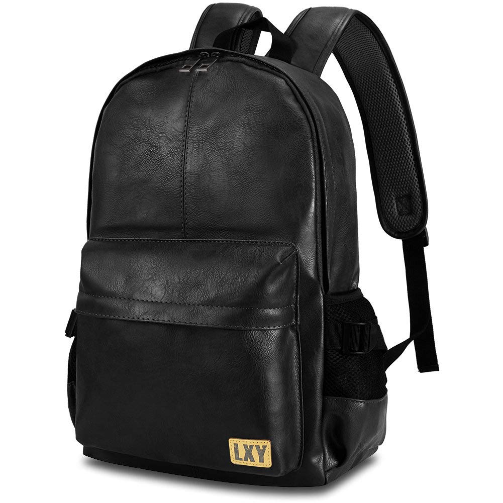 LXY Vegan Leather Backpack Vintage Laptop Bookbag for Women Men, Black Faux  Leather Backpack Purse Bookbag Weekend Travel Daypack