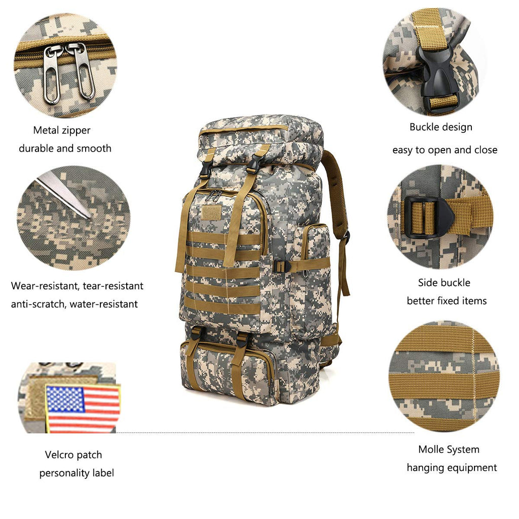 70L Camping Hiking Military Tactical Backpack Outdoor Water-Repellent  Adjustable Sport Bags